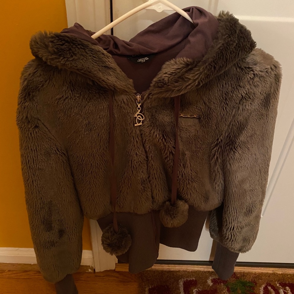 Faux fur Bebe jacket with hood.